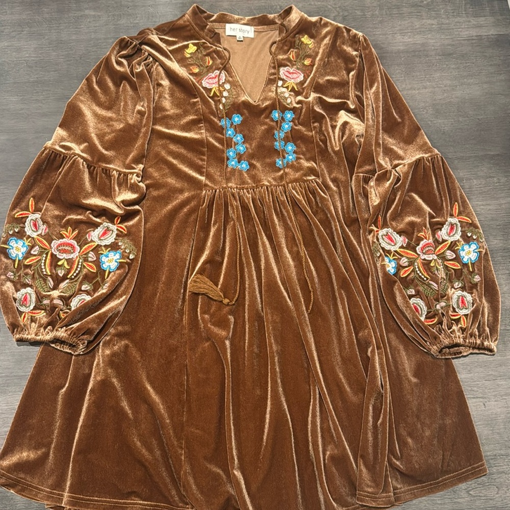 Her Story Brown velvet Boho dress with beautiful embroidery
